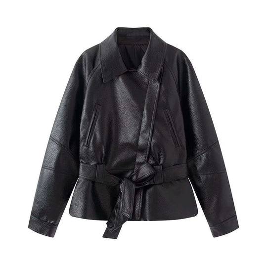 Damen Kurzjacke aus Kunstleder mit Taillengürtel und Hemdkragen Shop Nory