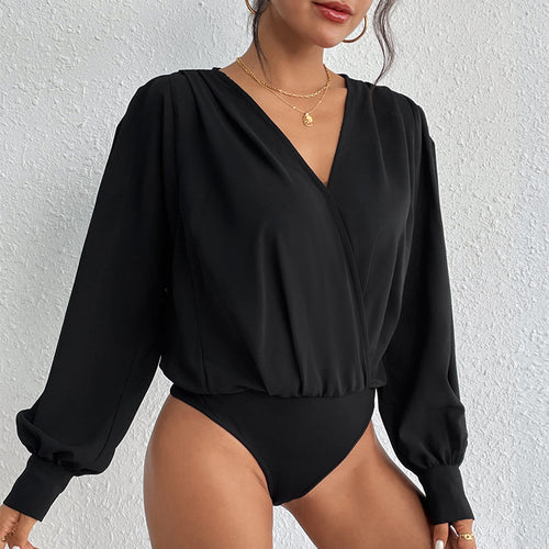 Damen Wickelbluse mit V-Ausschnitt, gepufften Schultern und elastischem Saum Shop Nory