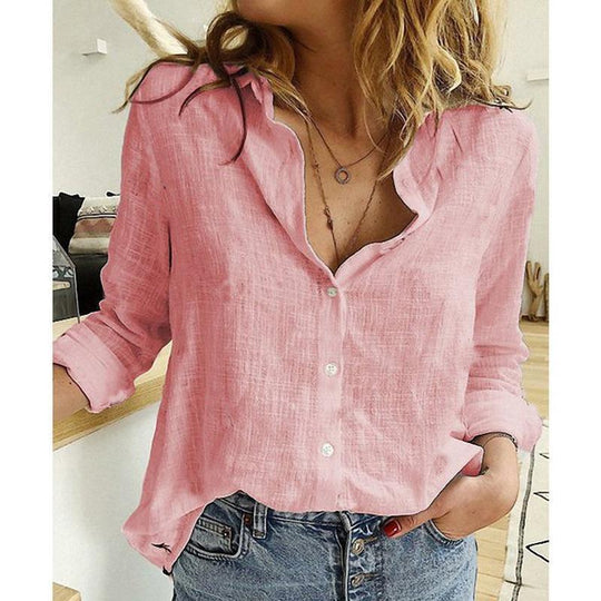Damen Atmungsaktive Baumwoll‑Leinen Tunika‑Bluse mit Kentkragen, geknöpftem V‑Ausschnitt und gerundetem Saum Shop Nory