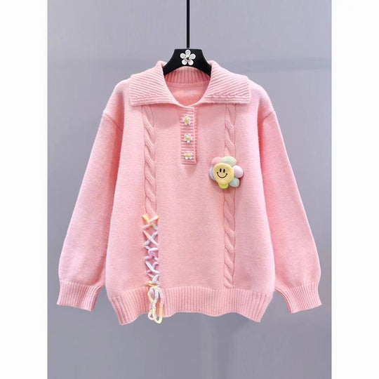 Damen Modischer Pullover mit Blumenapplikationen und Kabelmuster Shop Nory
