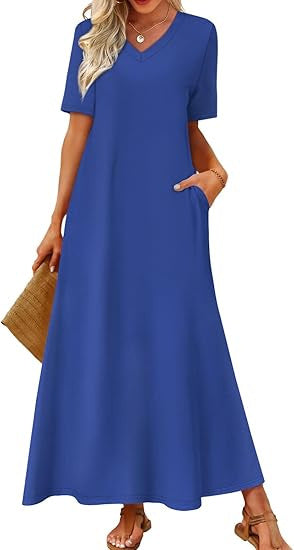 Damen Langes A-Linien-Maxikleid mit V-Ausschnitt, Kurzarm und Eingrifftaschen Shop Nory