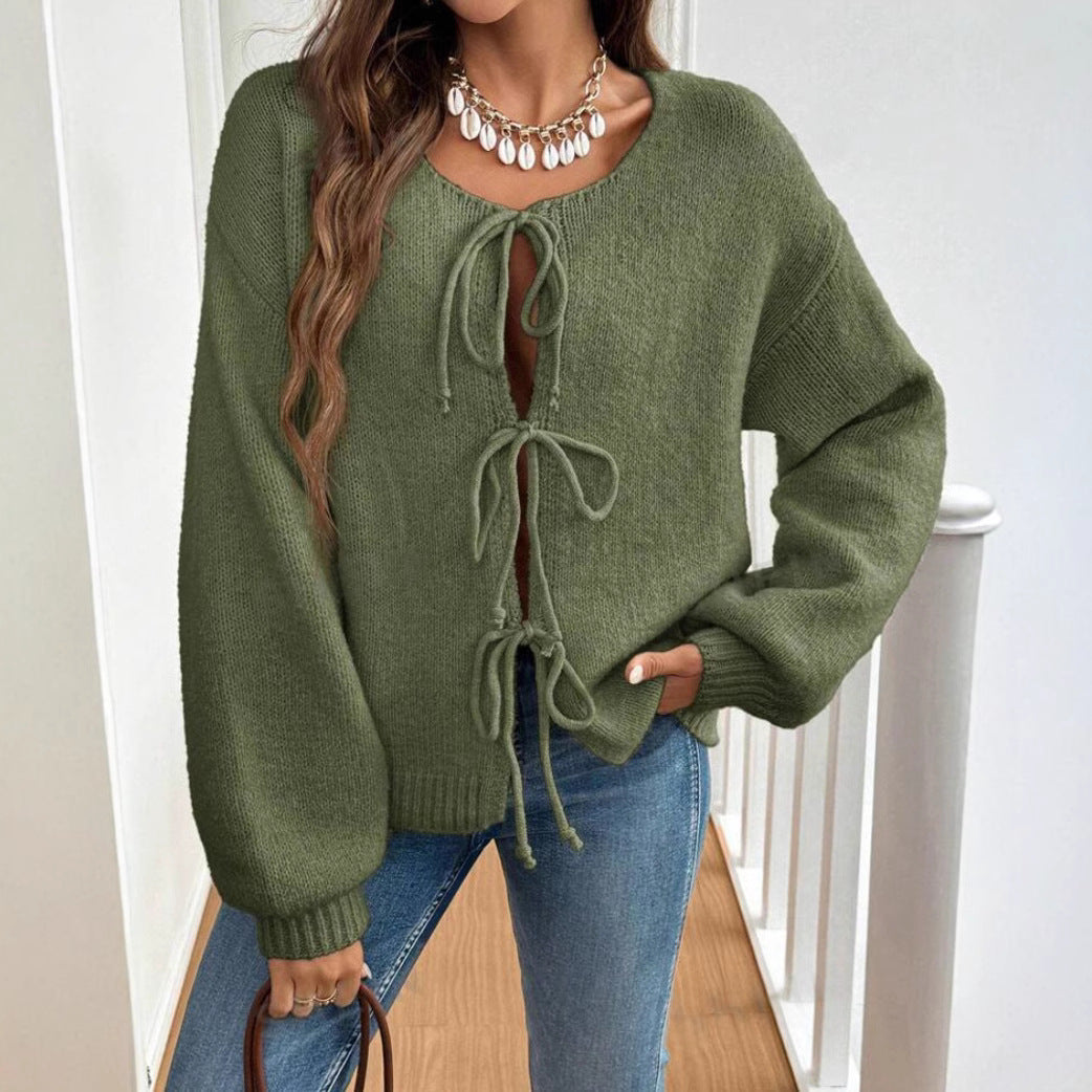 Damen Kurzcardigan mit Bindebändern, Oversize‑Silhouette und Ballonärmeln Shop Nory