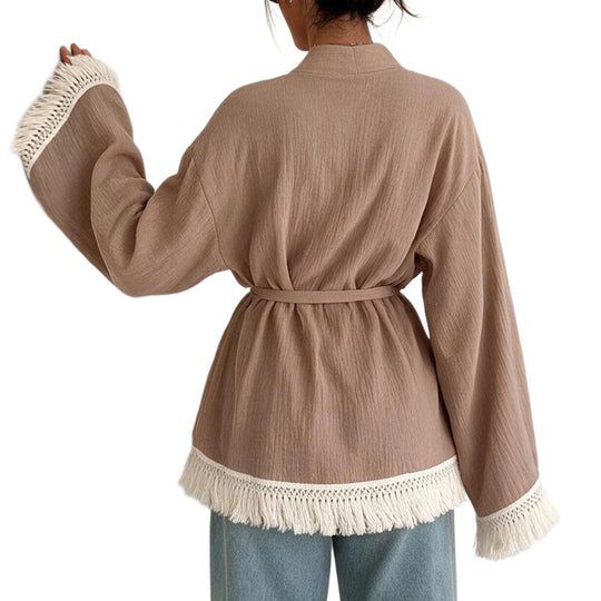 Damen Fransen-Kimono-Jacke aus Leinenoptik mit Taillengürtel Shop Nory