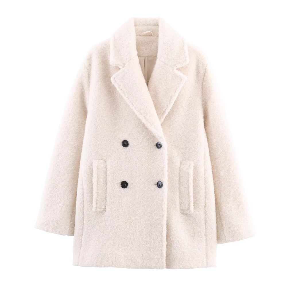 Damen Doppelreihiger Teddy-Mantel mit Schalkragen und aufgesetzten Taschen Shop Nory