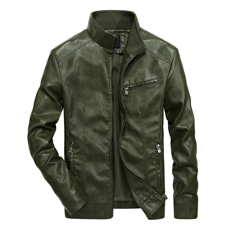 Herren Slim-Fit Kunstleder-Motojacke mit Stehkragen, Reißverschluss-Taschen und verstärkter Nahtführung Shop Nory
