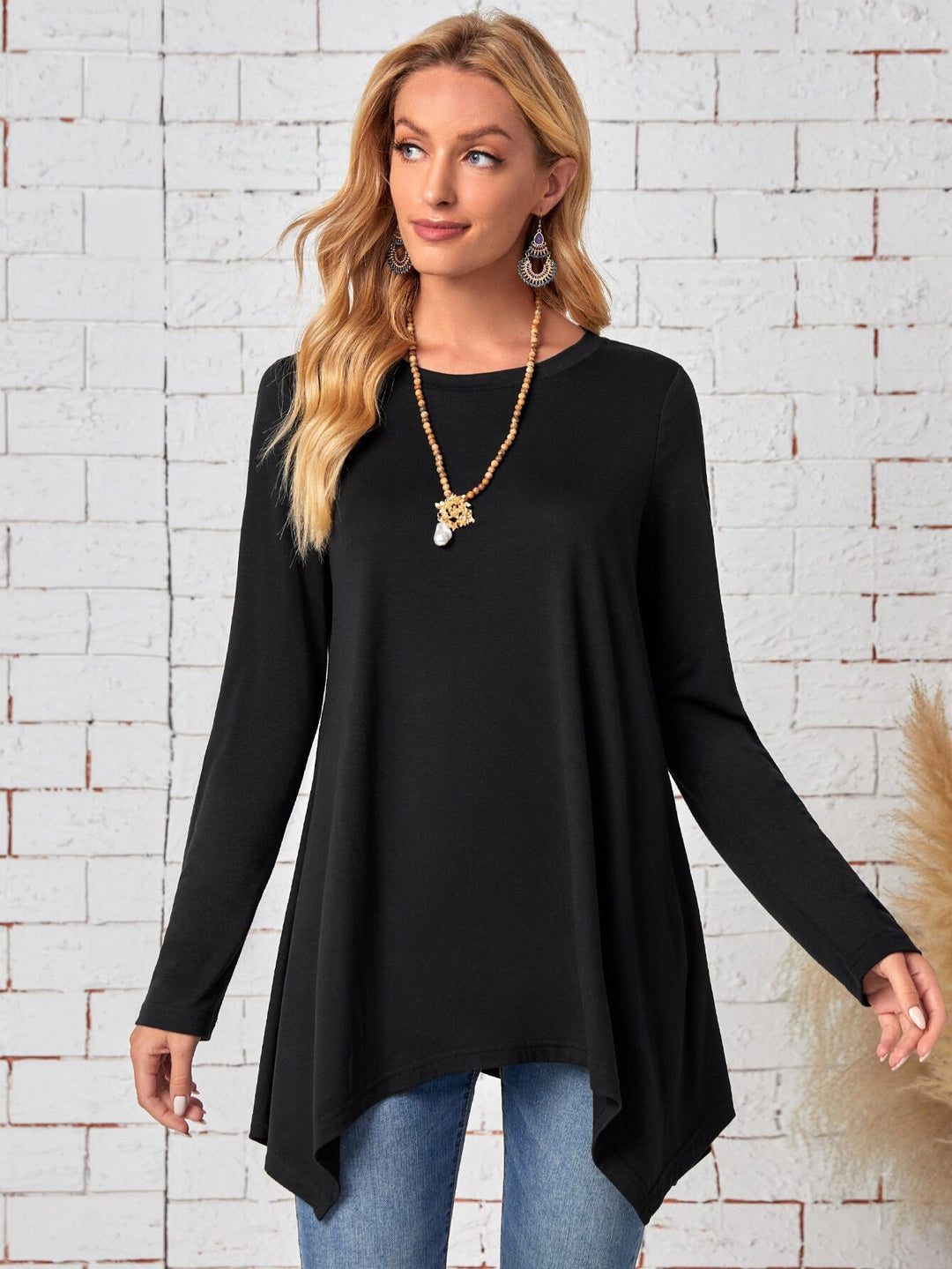 Damen Langes A-Linien Tunika-Oberteil mit Rundhals und asymmetrischem Saum Shop Nory