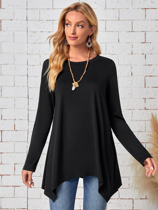 Damen Langes A-Linien Tunika-Oberteil mit Rundhals und asymmetrischem Saum Shop Nory