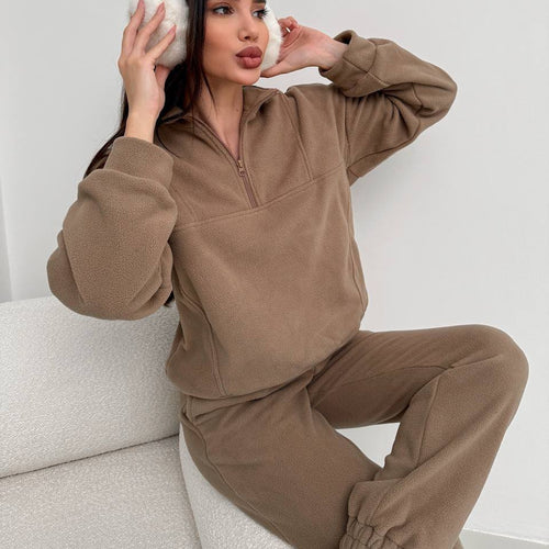 Damen gemütlicher Fleece-Zweiteiler mit halbem Reißverschluss, cropped Pullover und hochtaillierter Jogginghose mit elastischem Bund Shop Nory