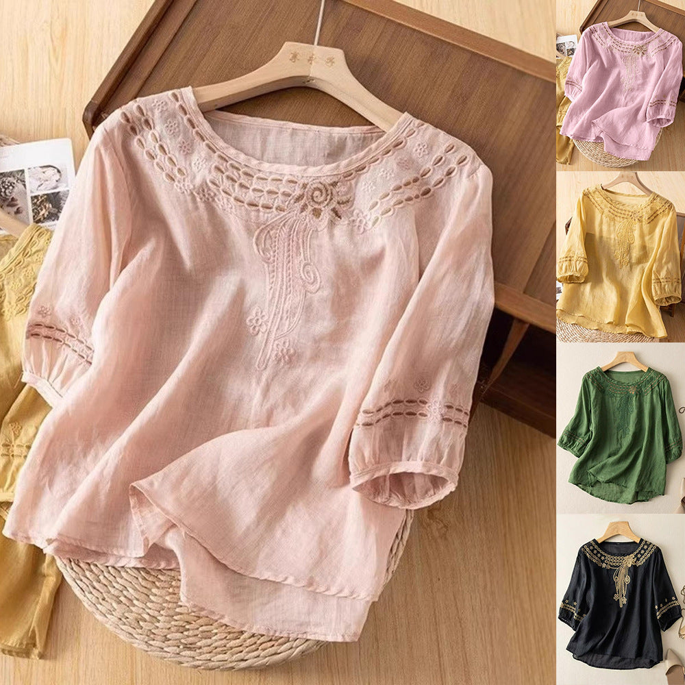 Damen Bestickte Leinenoptik-Bluse mit Rundhalsausschnitt und Dreiviertelärmeln Shop Nory