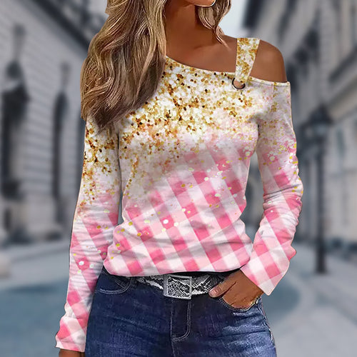 Damen Schulterfreies Langarmshirt mit Gingham-Karo und One-Shoulder-Riemen Shop Nory