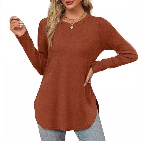 Damen Lässiges Longsleeve-Tunikaoberteil mit Rundhalsausschnitt, Seitenschlitzen und Aquarell-Blattprint Shop Nory