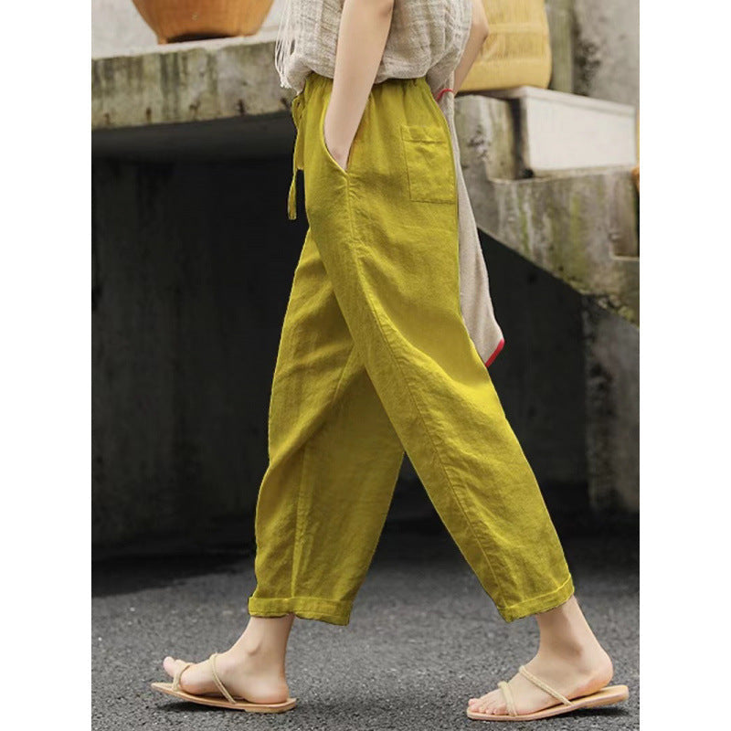 Damen lässige Leinenhose mit elastischem Bund und seitlichen Taschen ShopNory