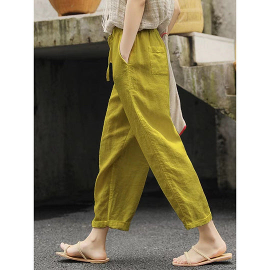Damen lässige Leinenhose mit elastischem Bund und seitlichen Taschen ShopNory