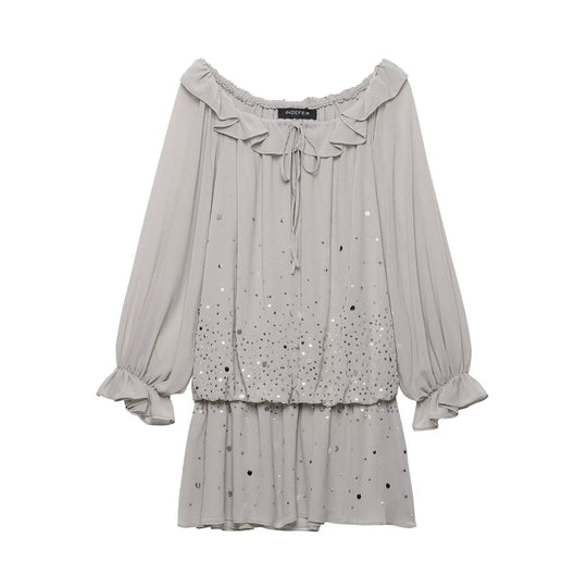 Damen Fließendes Chiffon-Minikleid mit Carmen-Ausschnitt, Volants und Pailletten Shop Nory