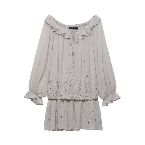 Damen Fließendes Chiffon-Minikleid mit Carmen-Ausschnitt, Volants und Pailletten Shop Nory