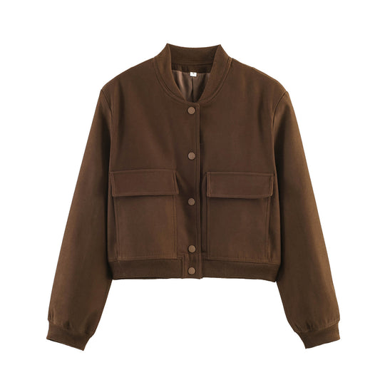 Damen Kurz geschnittene Utility‑Bomberjacke mit großen Klappentaschen und Rippbündchen Shop Nory