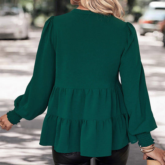 Damen Zweistufige Volant-Bluse mit V-Ausschnitt und gerafften Ärmelbündchen Shop Nory