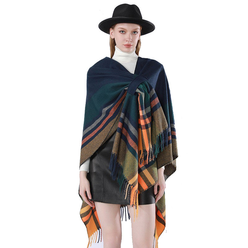 Damen Revers‑Cape aus Wollmischung mit Bindegürtel und Karomuster Shop Nory