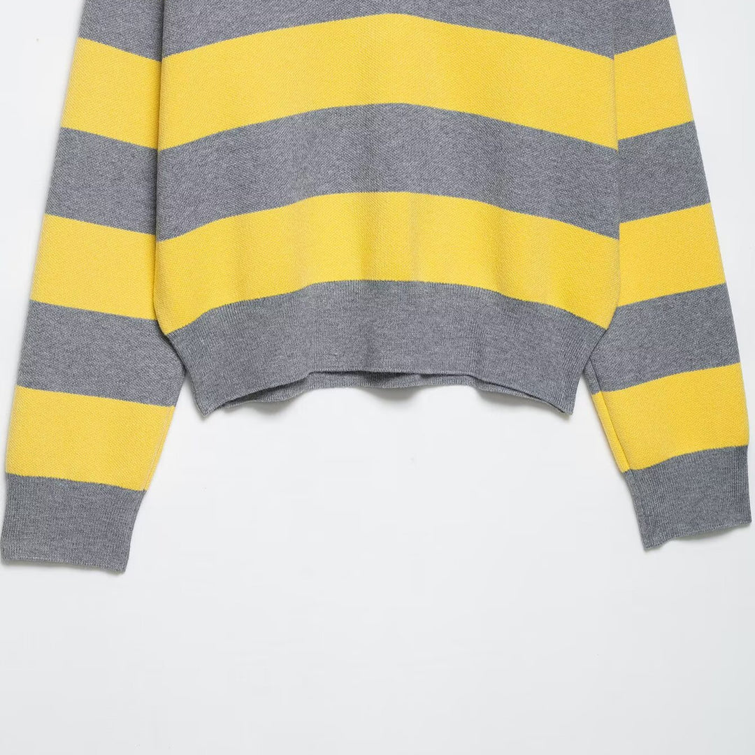 Damen Oversize Streifen-Rugby-Pullover mit offenem Polokragen und V-Ausschnitt Shop Nory