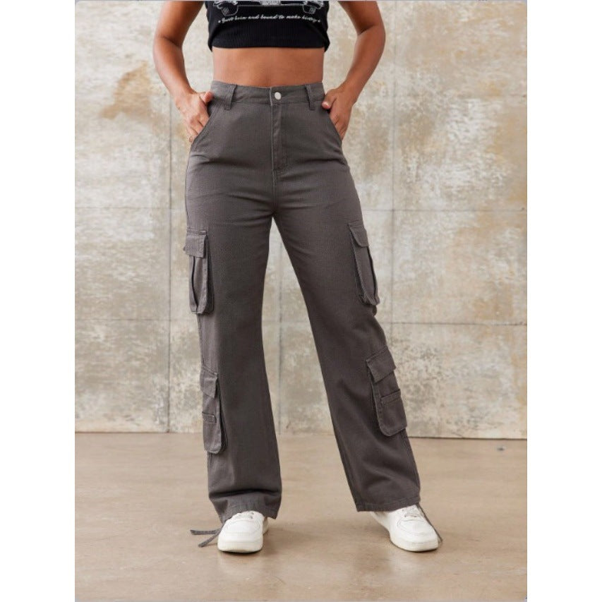 Damen Hochtaillierte Utility-Cargo-Hose mit geradem Bein, Mehrfach-Pattentaschen & verstellbarem Saum Shop Nory