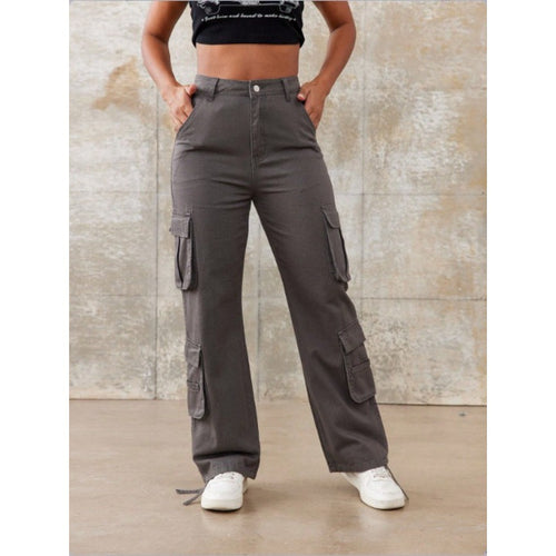 Damen Hochtaillierte Utility-Cargo-Hose mit geradem Bein, Mehrfach-Pattentaschen & verstellbarem Saum Shop Nory