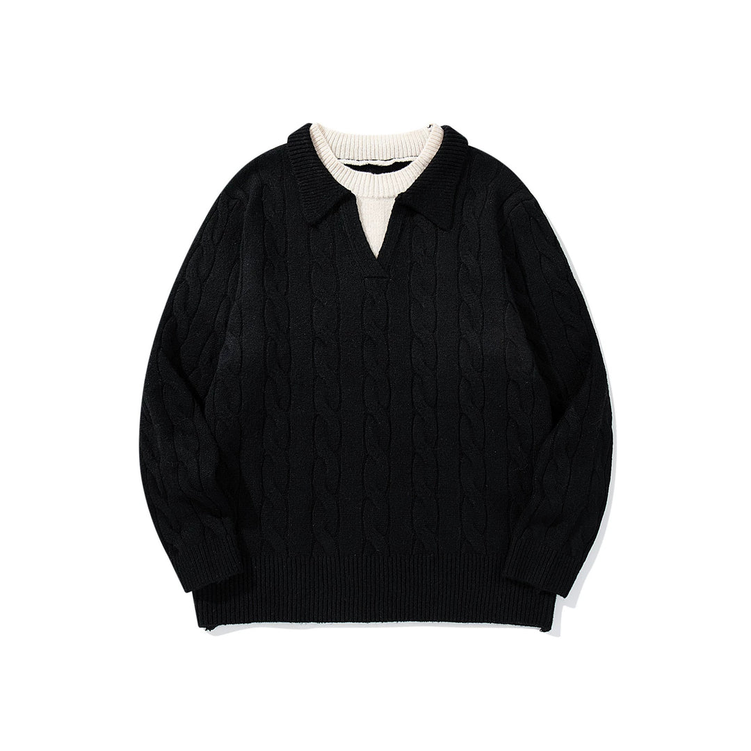 Unisex Strukturiertes Zopfstrick-Pullover mit Polokragen und tiefem V‑Ausschnitt Shop Nory