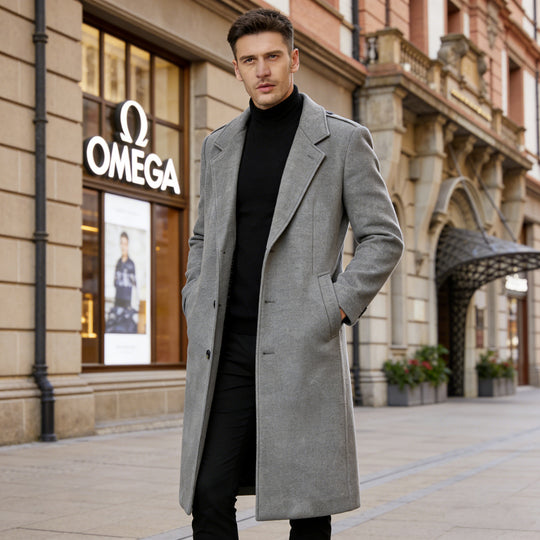Herren nan langer taillierter Wollmantel mit Reverskragen und Innentaschen Shop Nory