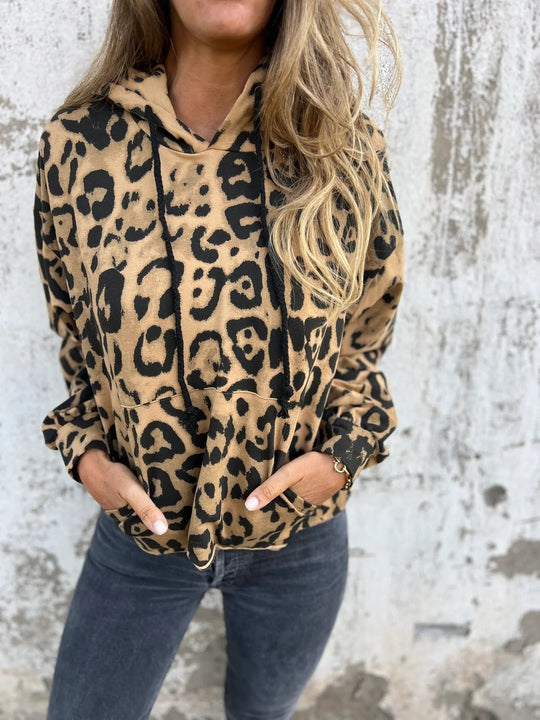Damen Kapuzenpullover mit lässigem Leopardenmuster und praktischen Seitentaschen