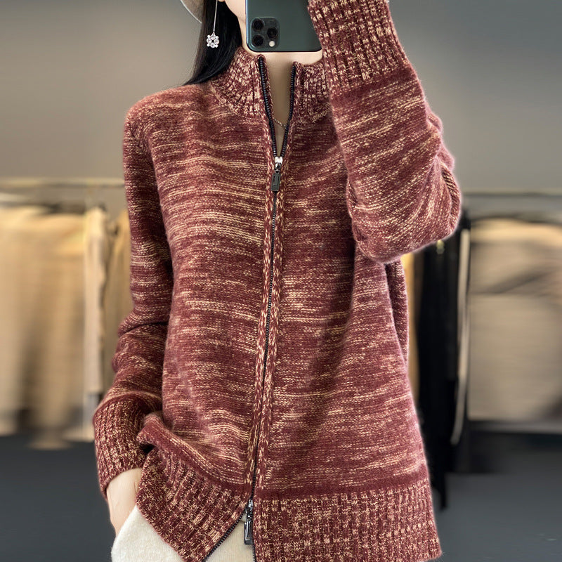 Damen Reißverschluss‑Strickjacke mit melierter Struktur und Stehkragen Shop Nory