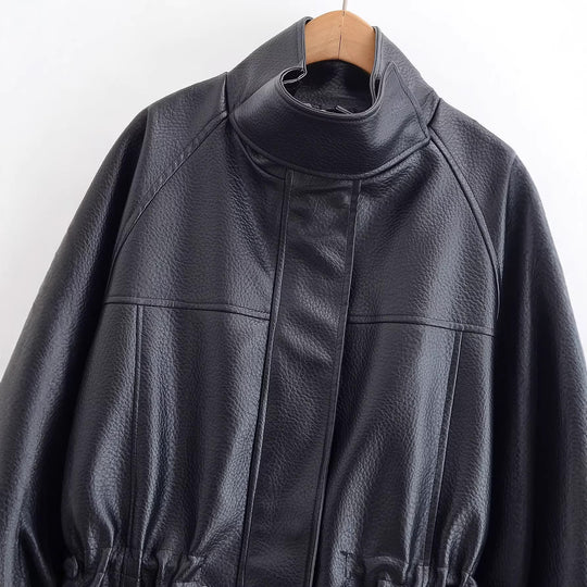Damen Oversized Jacke in Lederoptik mit Stehkragen und Taillenkordel Shop Nory
