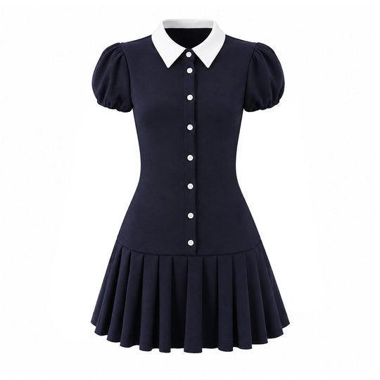 Damen Figurbetontes Hemdblusenkleid mit Puffärmeln und plissiertem Faltenrock Shop Nory