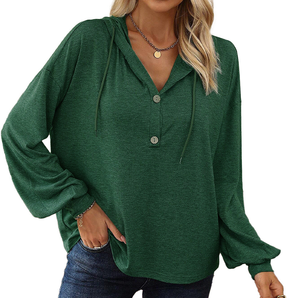 Damen lässiges Kapuzen-Longsleeve mit V‑Ausschnitt, Knopfleiste und gerafften Manschetten Shop Nory