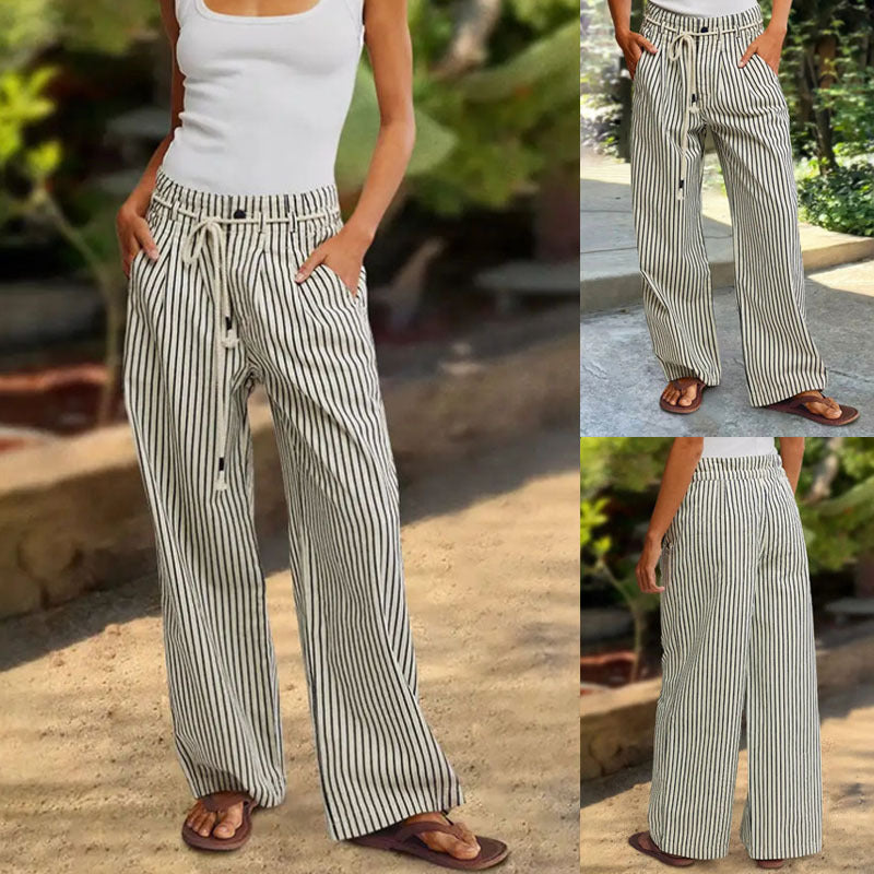 Damen Leichte Leinenoptik Palazzo‑Hose mit Gummibund, Kordelzug und senkrechtem Streifenmuster Shop Nory