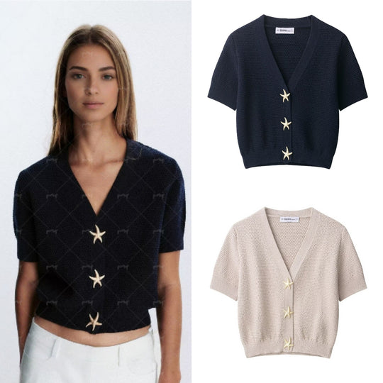 Damen Kurzärmeliger strukturierter Strick-Cardigan mit V-Ausschnitt und Seesternknöpfen Shop Nory