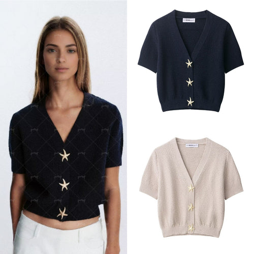 Damen Kurzärmeliger strukturierter Strick-Cardigan mit V-Ausschnitt und Seesternknöpfen Shop Nory
