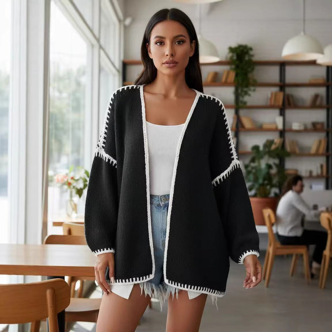 Damen Oversize-Strickjacke mit kontrastierender Häkelkante und überschnittener Schulter Shop Nory