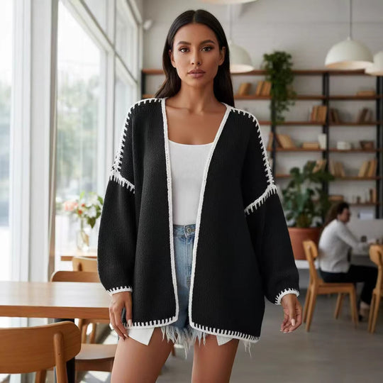 Damen Oversize-Strickjacke mit kontrastierender Häkelkante und überschnittener Schulter Shop Nory