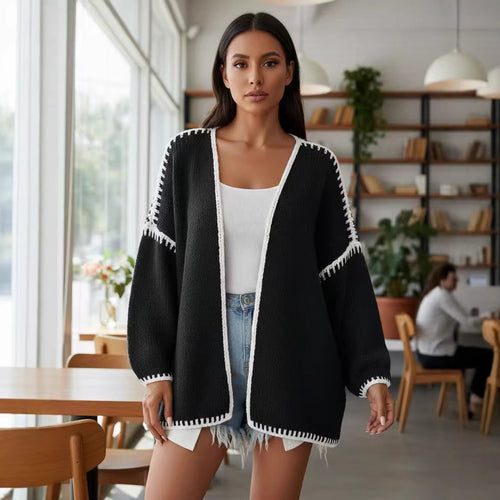 Damen Oversize-Strickjacke mit kontrastierender Häkelkante und überschnittener Schulter Shop Nory