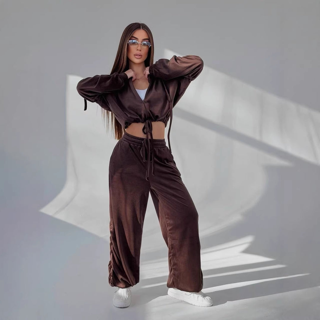 Damen Cropped Kapuzen-Sweatshirt mit Kordelzug am Saum und weite Raffung-Loungehose Shop Nory