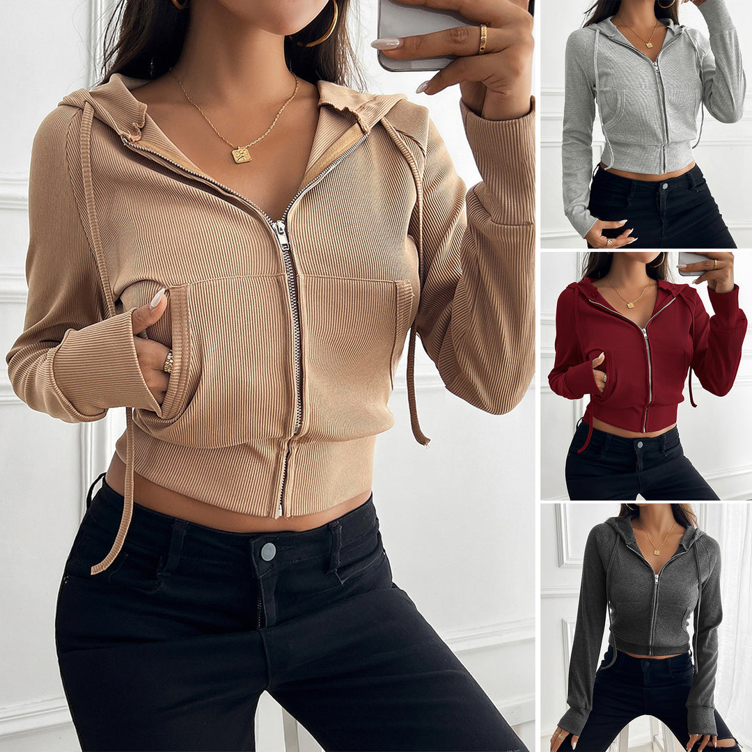 Damen nan schmal geschnittene Feinstrick-Hoodiejacke mit Metallzipper, Kängurutaschen und Daumenlochbündchen Shop Nory