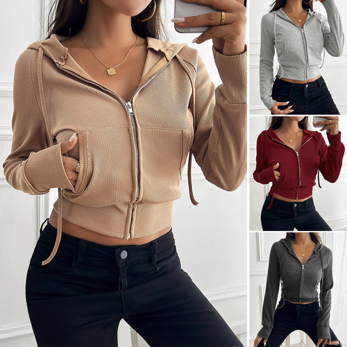 Damen nan schmal geschnittene Feinstrick-Hoodiejacke mit Metallzipper, Kängurutaschen und Daumenlochbündchen Shop Nory