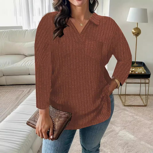 Damen Gerippter V-Ausschnitt Pullover mit Hemdkragen und lockerer Tunika-Silhouette Shop Nory