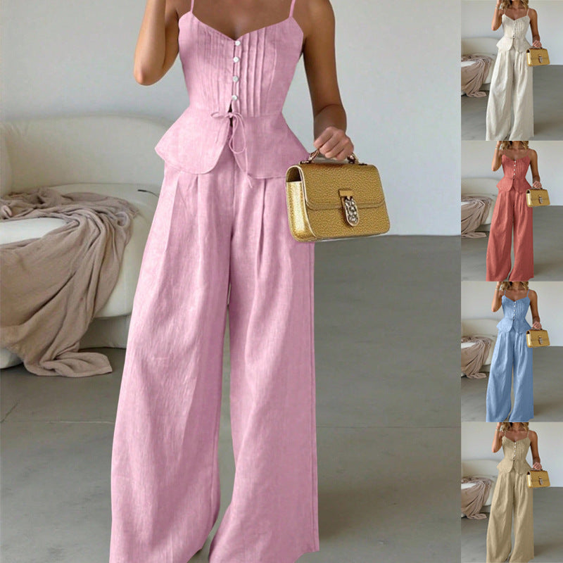 Damen Zweiteiliges Leinen-Set mit korsettartigem Taillentop, Schößchen und weiter Palazzohose Shop Nory