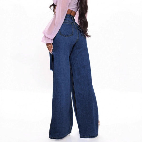Damen Langer hochgeschnittener Denim-Maxirock mit seitlichem Oberschenkelschlitz und Used-Details Shop Nory