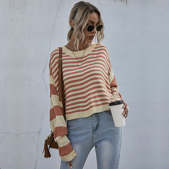 Damen Gestreifter Oversize-Cropped-Strickpullover mit Raglanärmeln und gerippten Abschlüssen Shop Nory
