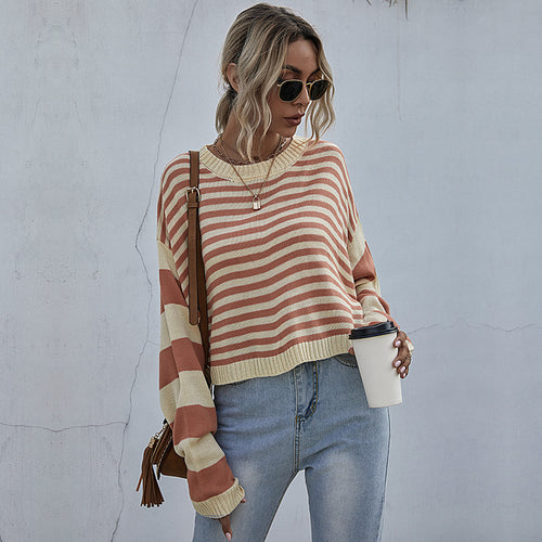 Damen Gestreifter Oversize-Cropped-Strickpullover mit Raglanärmeln und gerippten Abschlüssen Shop Nory