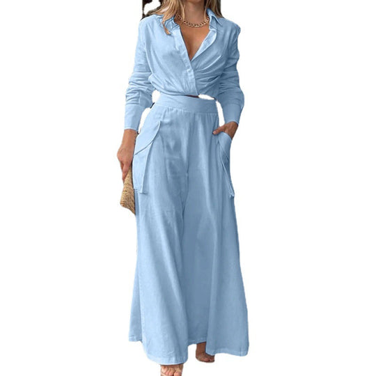 Damen Hochtaillierte weite Palazzo-Hose mit seitlicher Cargotasche und fließender Silhouette Shop Nory