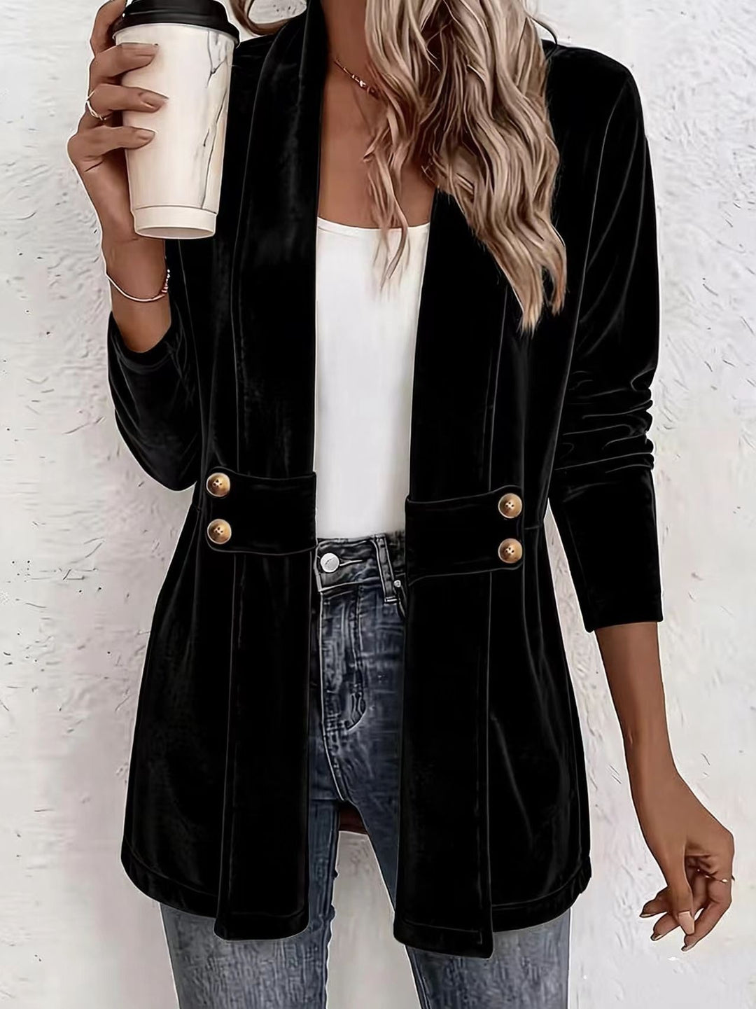 Damen Samt-Longblazer mit Schalkragen und Zierknopfleiste Shop Nory