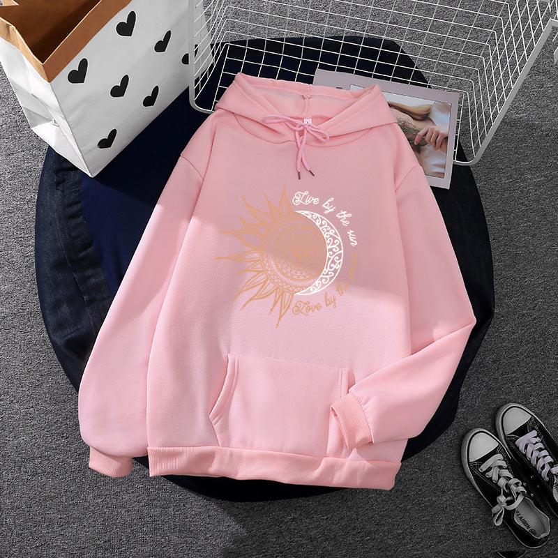 Damen nan Kapuzenpullover mit Sonn-und-Mond-Mandala, Kängurutasche und angerautem Fleece Shop Nory