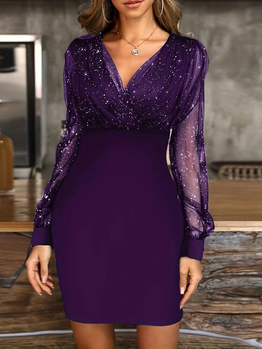 Damen Glitzerndes Cocktailkleid mit transparenten Ärmeln